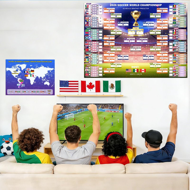2026 World Soccer Tournament Extra Large Schedule Poster 43"x32", 2Pcs Gifts Set with 384 Stickers and Predict Champion Cup Winner, Tracker Bracket Wall Chart for Sports Fans Party Decorations