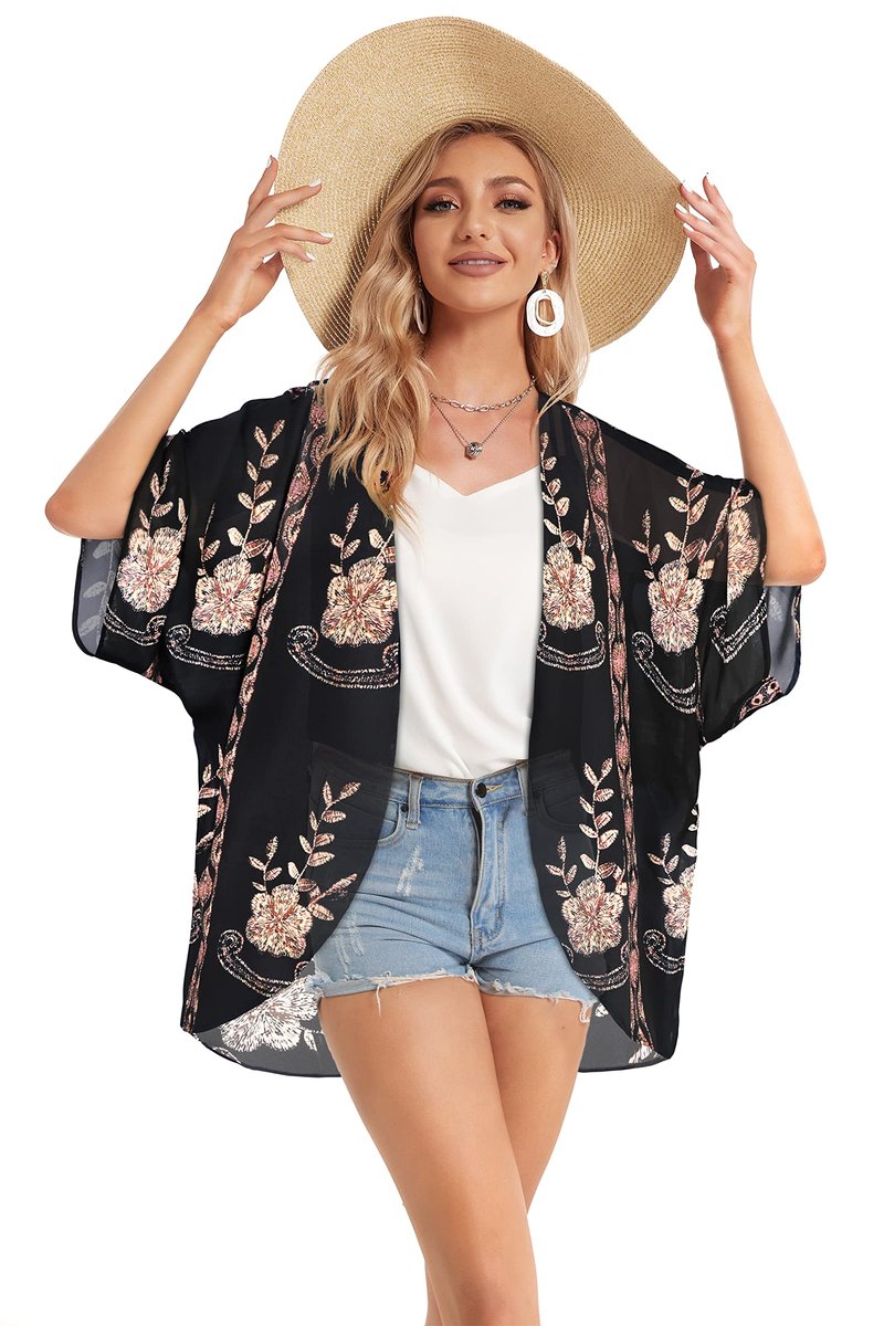 Kimono Cardigans Floral Womens Tops Dressy Casual Spring Cover ups Chiffon Open Front Shirts (BlackLace,4XL)
