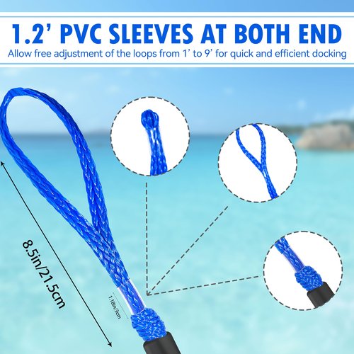 3ft Bungee Dock Lines (2-Pack) – Heavy-Duty Elastic Mooring Ropes for Boats, Jet Skis & Kayaks | Adjustable PVC Sleeve | 316 Stainless Steel Clip | Blue