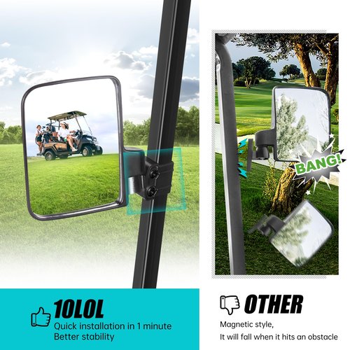 10L0L Golf Cart Mirror, No Drilling Extra Large Side View Mirror Universal for Yamaha, Club Car, EZGO, Folding Side Rear View Mirrors Adjustable 180 Degree (Black Clips)