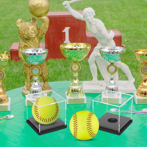 Hooqict 2 Pack Arcylic Softball Display Case Clear Softball Holder UV Protected Stand Championship Display Case Memorabilia Square Box for Golf Tennis Game Ball Baseball
