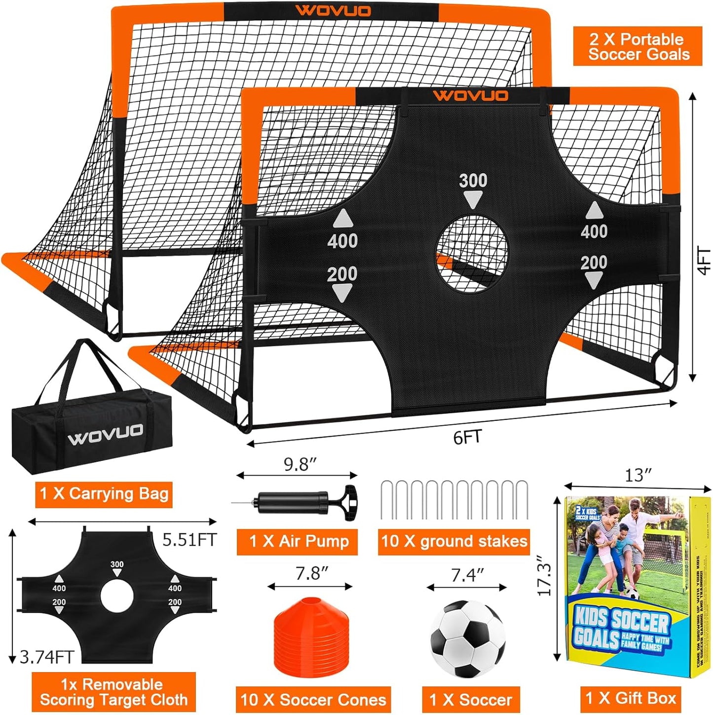 Kids Soccer Goals for Backyard Set of 2, 6x4 ft Portable Toddler Soccer Goal Training Equipment with Soccer Target, Ball, Cones, Soccer Net for Kids Age 3-5 6-8 8-12 10-12-14 Outdoor Sports Games Gift