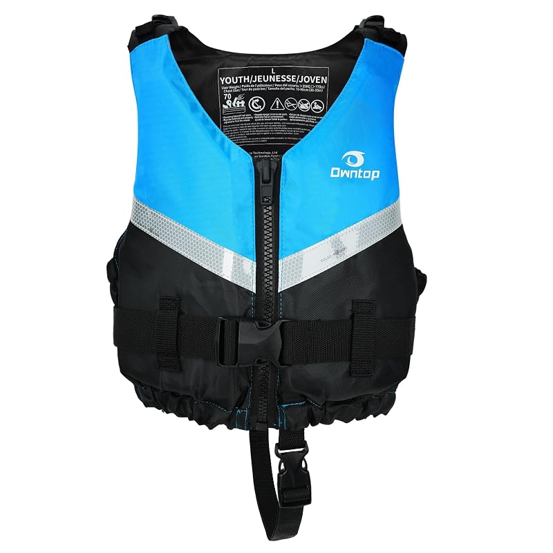 Owntop Kids Swim Vest - Ultra Thin Lightweight PFD with Crotch & Adjustable Waist, High-Visibility Blue (75-125 lbs) - Training, Kayak, Boating