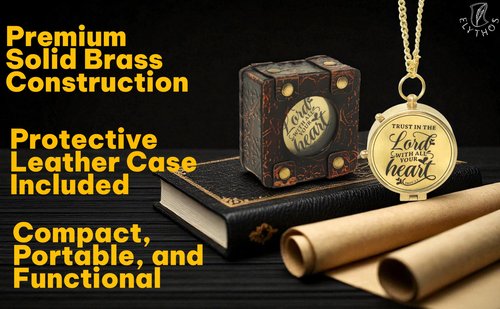 Antique Handmade Brass Compass with Leather Case – “Trust in The Lord” – Birthday, Wedding, Anniversary, Baptism, Confirmation, First Communion, Retirement Gift for Husband, Boys, Son, Men, Women