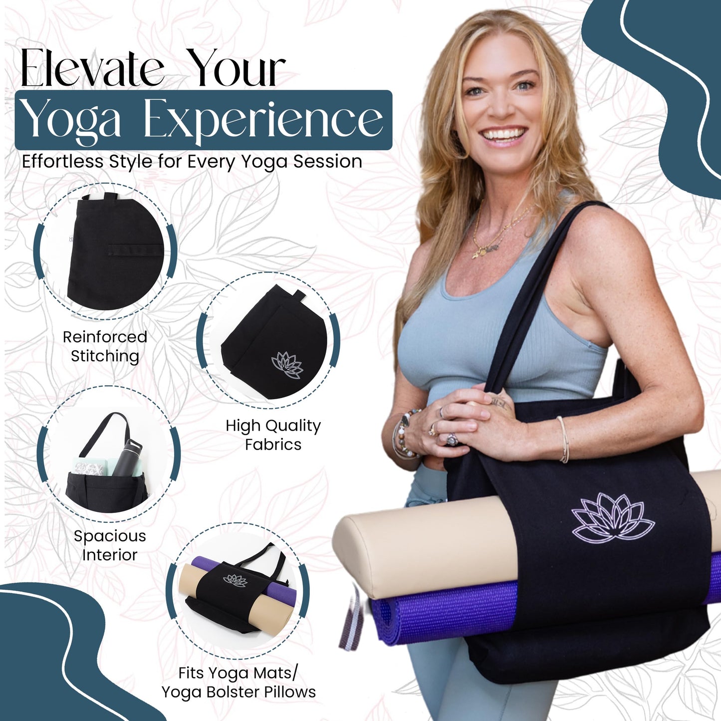 Hygge Beaute Yoga Mat Bag Carrier - Yoga Mat Carrier - Women's Yoga Bag and Workout Tote - Gym Yoga Mat Bag for Accessories and Gear - Gym Mat Holder Tote Bag (17"x13.75"x5")