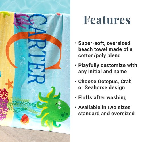 Let's Make Memories Personalized Kids Beach Towel - Custom Monogram & Name with Fun Beach Designs - Soft Cotton/Poly Blend - 60"x30" - Name and Initial Monogram - Standard Size - Crab