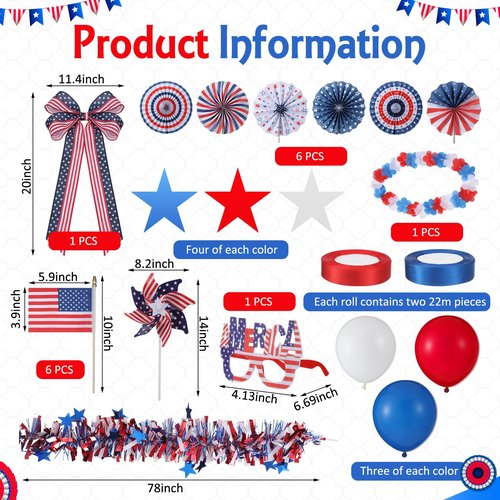 Threehoney 41 Pcs 4th of July Bike Decor Set for Kid Memorial Day Bicycle Patriotic Tinsel Garland Streamer Bow USA Flag Garland Ceil Fan Star Windmill Glasses Balloon for Parade Party Favor