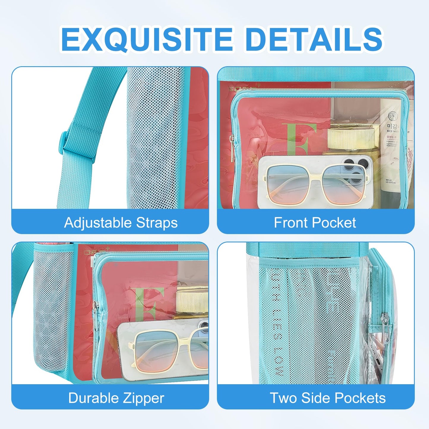 Busiuw Clear Bag for Stadium Events, Stadium Approved 12x12x6 Clear Tote Bag with Reinforced Straps for Sport Fan, Work Concert Travel(Aqua)