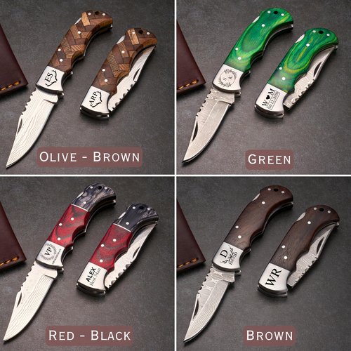 Personalized Handmade Damascus Pocket Knife - Hunting, Survival, Folding Knives for Men with Wood Handle for Outdoor Fishing Accessories, Anniversary, Boyfriend, Gifts for Men