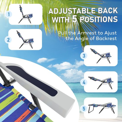Yardenaler Outdoor Beach Foldable Chaise Lounge Chair with Detachable Pillow & Pocket, Portable Tanning Chair with 5 Position Adjustable Back, Beach, Pool and Camping, Multi Color