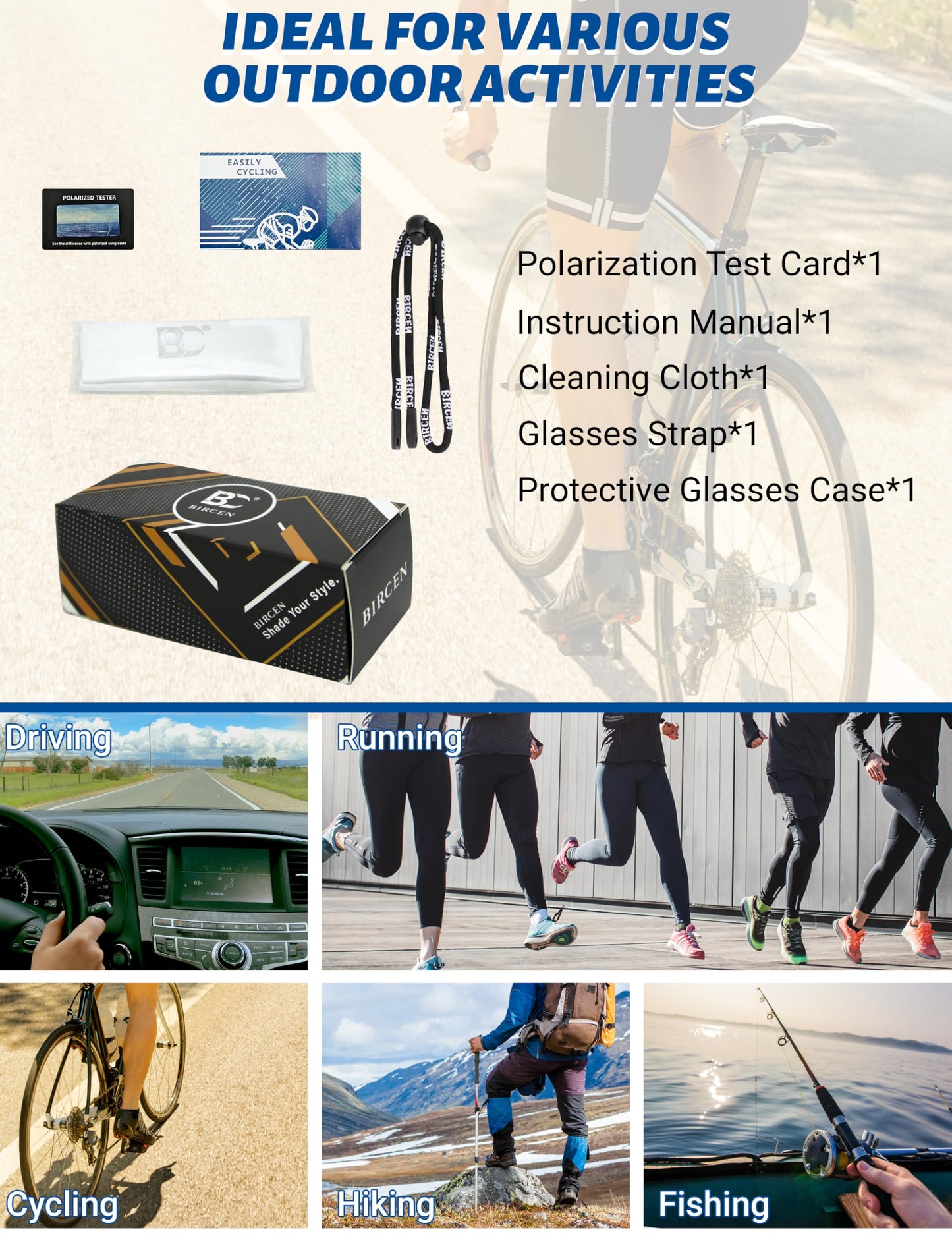 BIRCEN Polarized Baseball Running Sunglasses: TR90 Sports Cycling Glasses for Men Women UV400 Protection for Driving MTB Blue Lens