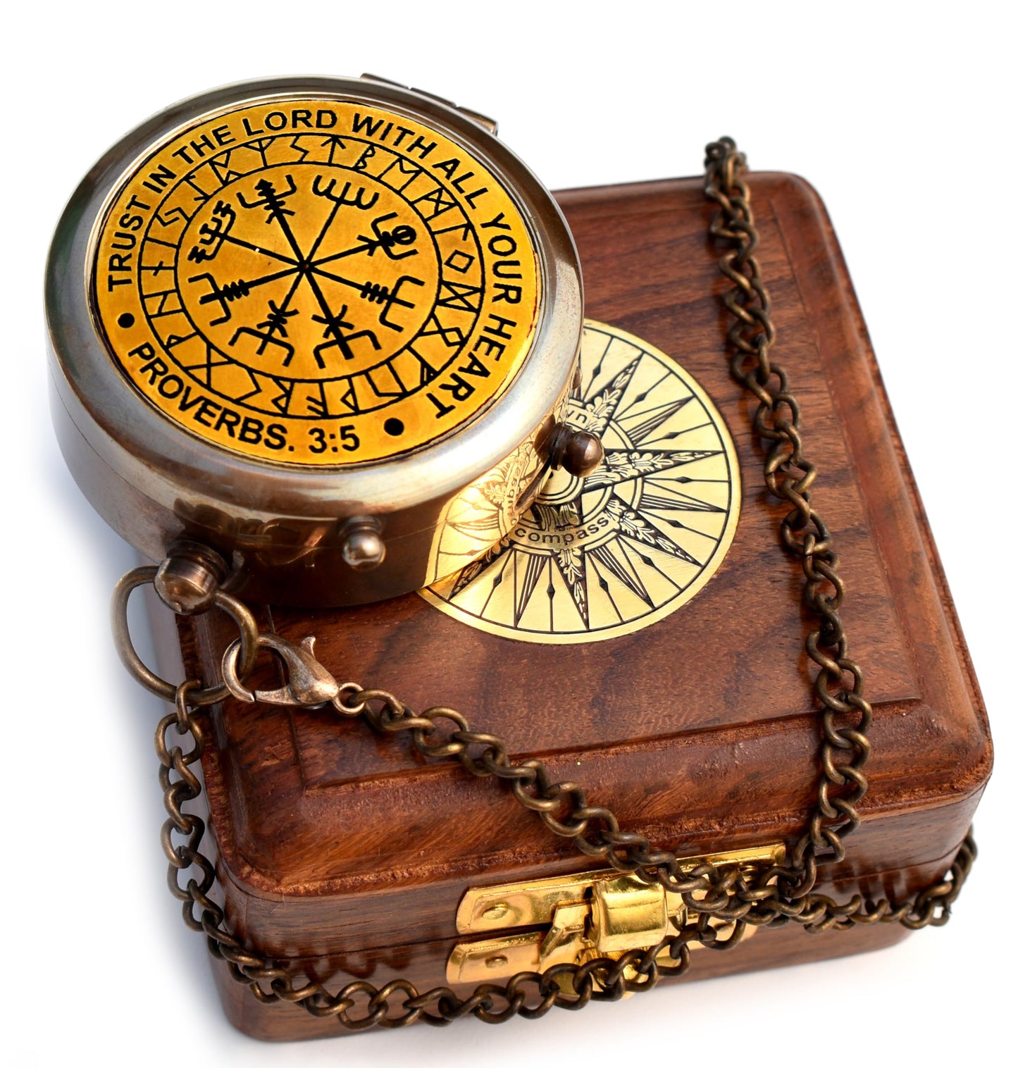 Trust in The Lord-Proverbs 3: 5-6 Quote Engraved Compass with Wooden Box, Greeting Card Included-Viking compass-Gift Compass-Christian, 2025 Graduation Day Gifts-Baptism Gifts for Women Mens Boy Girls