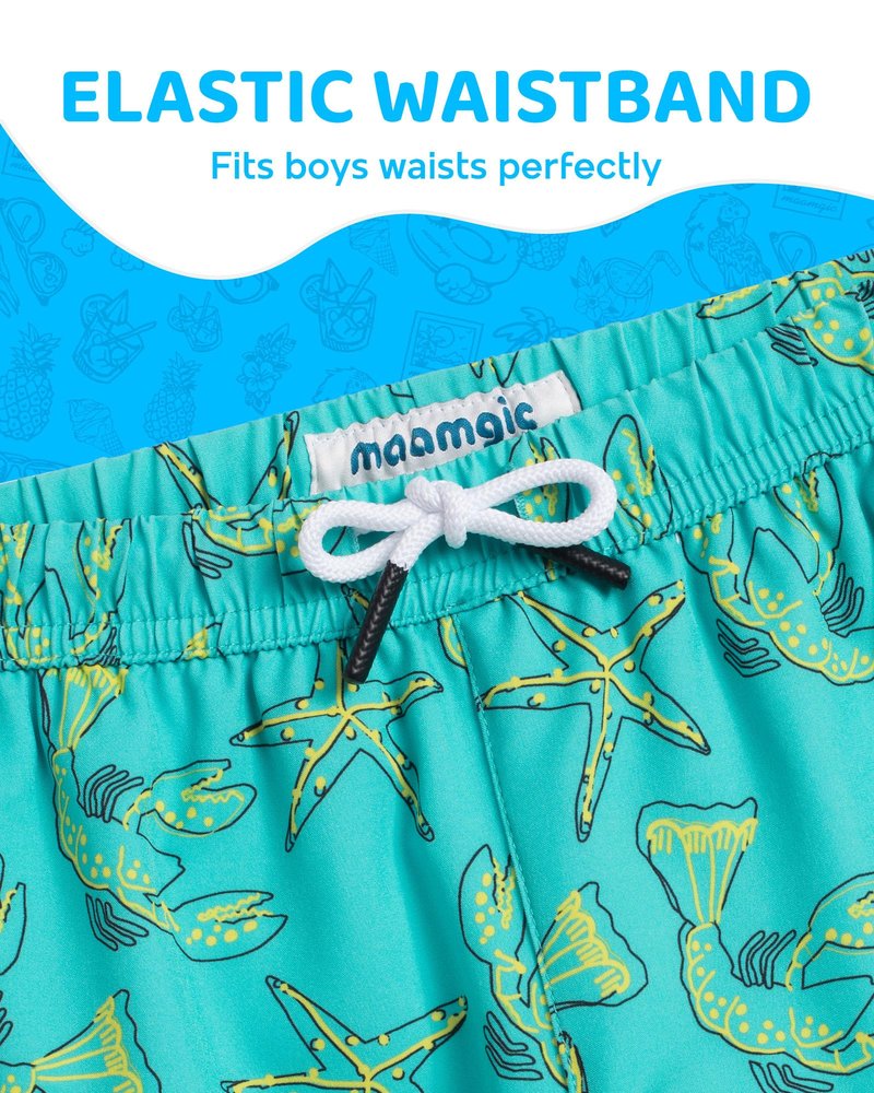 maamgic Boys Swim Trunks with Compression Liner Toddler Boy Swimsuit Quick Dry 4-Way Stretch Swimming Trunks Sea World Light Green 7 Years
