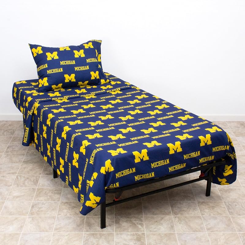Michigan Wolverines Full Size 4-Piece Sheet Set - 100% Cotton, Flat & Fitted Sheets + 2 Pillowcases