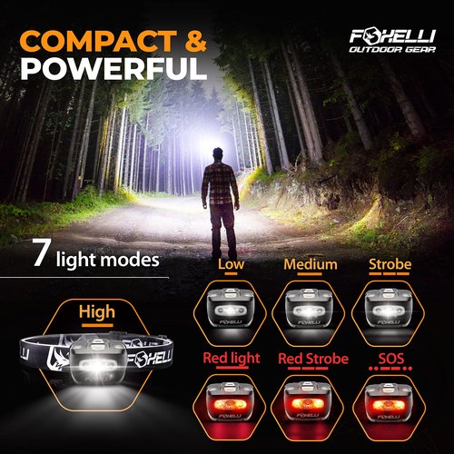Foxelli LED Headlamp Flashlight for Adults & Kids, Running, Camping, Hiking Head Lamp with White & Red Light, Comfortable Headband, Lightweight & Waterproof, 3 AAA Batteries