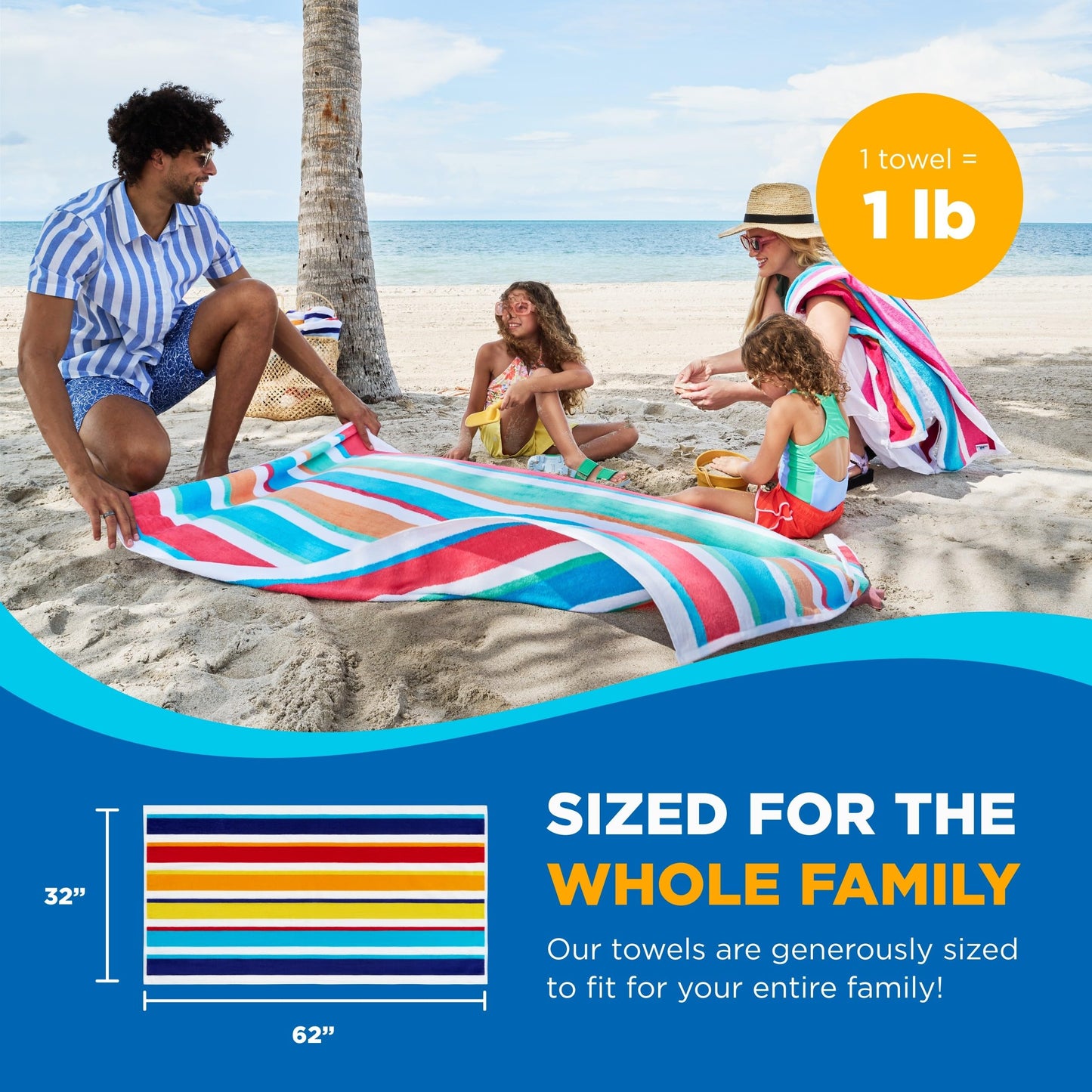 Kaufman - Joey Velour Colored Classic Multi-Color Stripe Beach & Pool Towel - Large 100% Combed Cotton Beach Towel - Soft & Absorbent Colorful Towels - 30" x 60" - 4 Pack