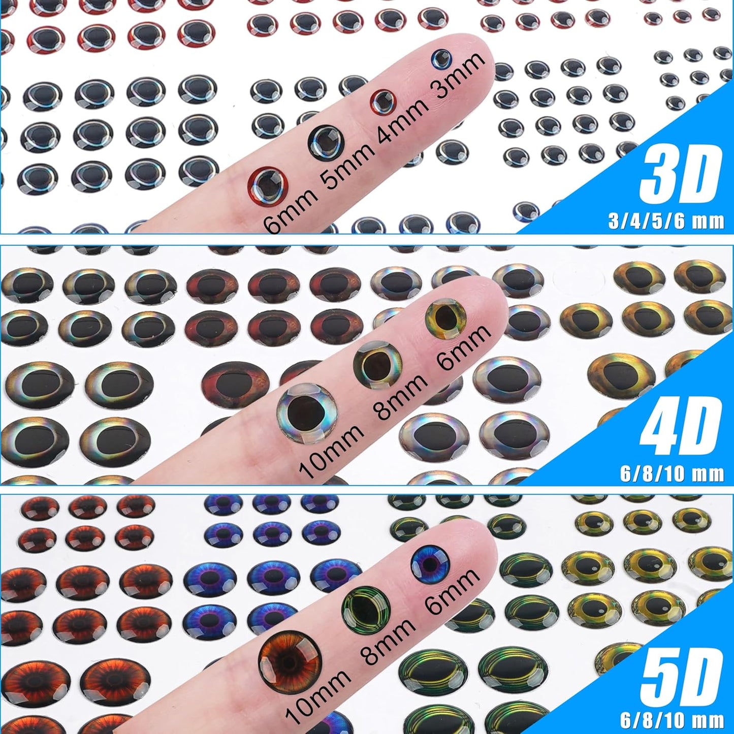 1314 Pieces Fishing Lure Eyes 3D 4D 5D Realistic Eyes Stickers for Making Fishing Bait DIY Fly Tying Streamers Lures Crafts 3/4/5/6/8/10mm