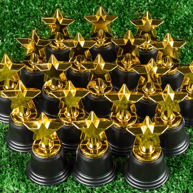 24 Pack Mini Star Trophy Awards Bulk (4.5 Inch), Plastic Gold Star Trophies For Halloween Party Favors, Goodie Bags, Kid Classroom School Reward, Sports Tournament Winning Prize, Hollywood Event Props