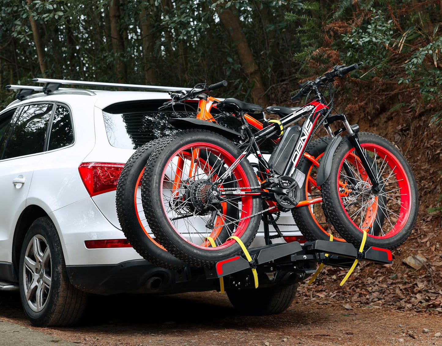 2 E-Bike Foldable Hitch Mount Bike Rack with Light for 2" Receiver SUV & Trucks, Up to 4'' Fat Tire, Lockable Hitch Racks for E-Bike with Ramp and Wheels, 180 LBS Capacity