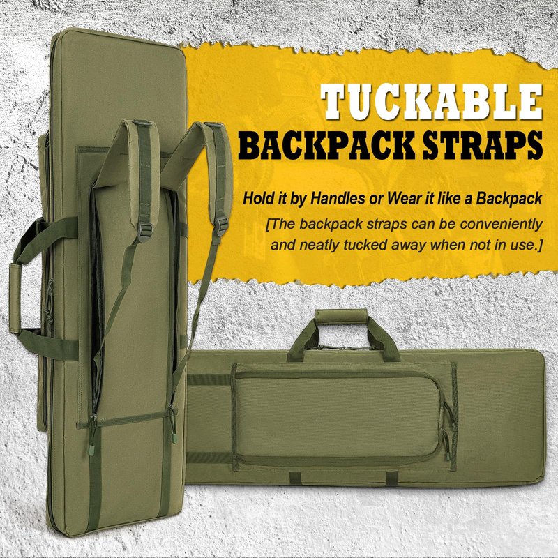 DULCE DOM Double Rifle Case, Soft Tactical Backpack for Hunting Shooting Range, Dual Storage Gun Bag for 2 Rifles & Pistols with Lockable Zippers & MOLLE System(Green, 42", Stowaway Backpack Straps)