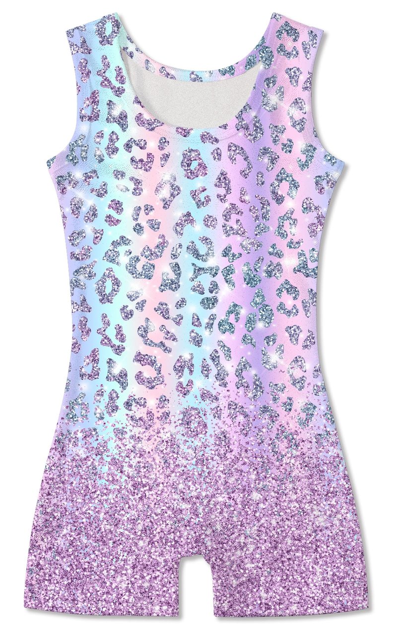 Funnycokid Gymnastics Leotards for Girls Toddler Outfits Dance Unitards Clothes with Shorts, Diamond Leopard Colorful Purple, 3-4T