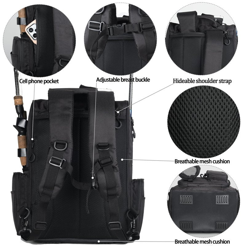 LEOMOO Fishing Tackle Backpack With Rod Holders, 40L Large Backpack for Fishing, Camping, Hiking