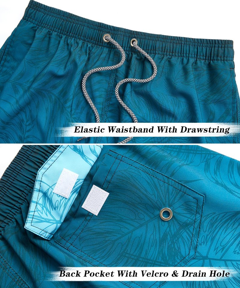 ELETOP Men's Swim Trunks Quick Dry Bathing Suit Swimming Board Shorts Mesh Lining Beach Swimwear Palm Leaf Gradient Blue L