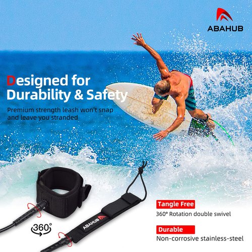 Abahub Premium Surfboard Leash, Straight Surf Board Leg Rope, Legrope Strap for Shortboard, Skimboard Replacement Leashes 6 Foot Black 6 mm Thick