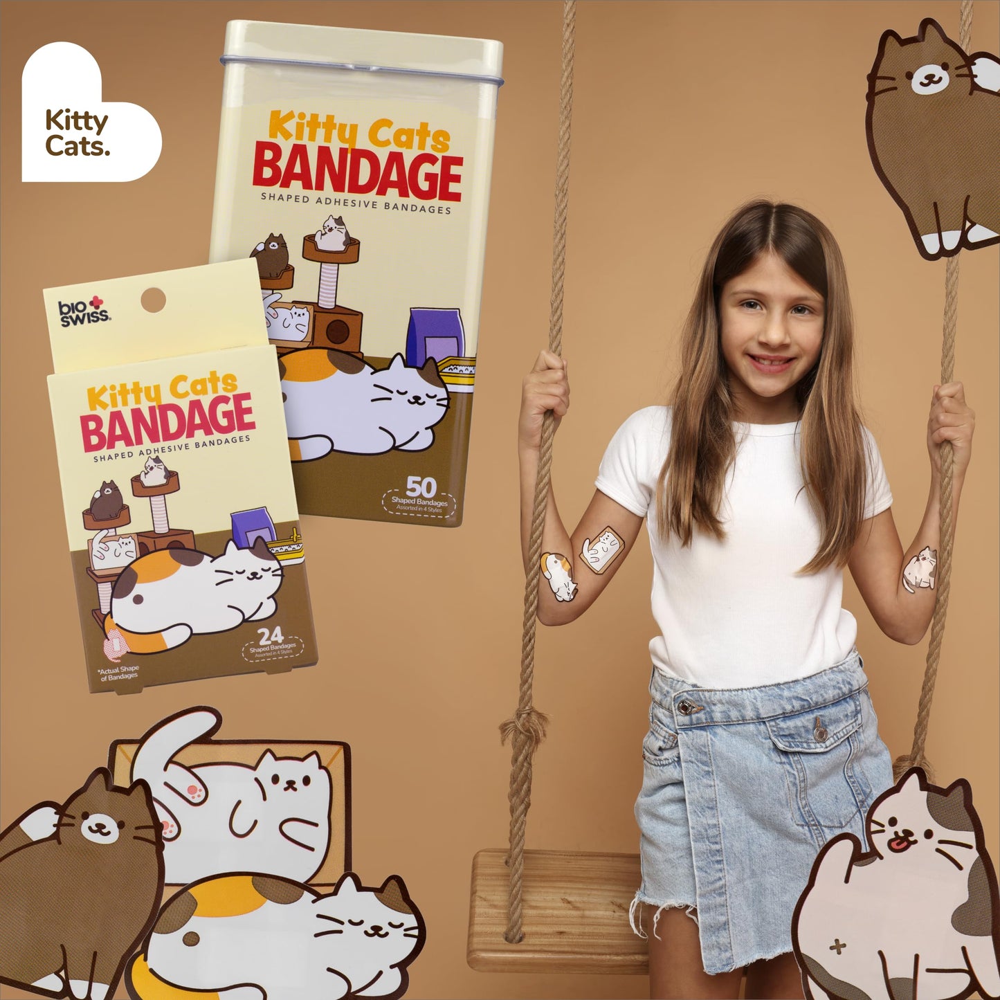BioSwiss Bandages, Kitty Cats Shaped Self Adhesive Bandage Set, Latex Free, Sterile Wound Care, 50 Count