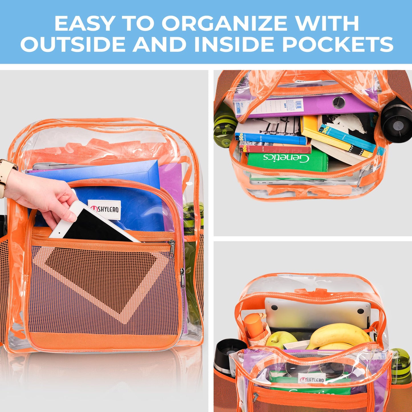 SHYLERO Clear Backpack Heavy Duty has TSA Lock, 2-WAY Zipper. PVC Transparent Backpack Is Extra Large - H18''xW14''xD8 - Orange