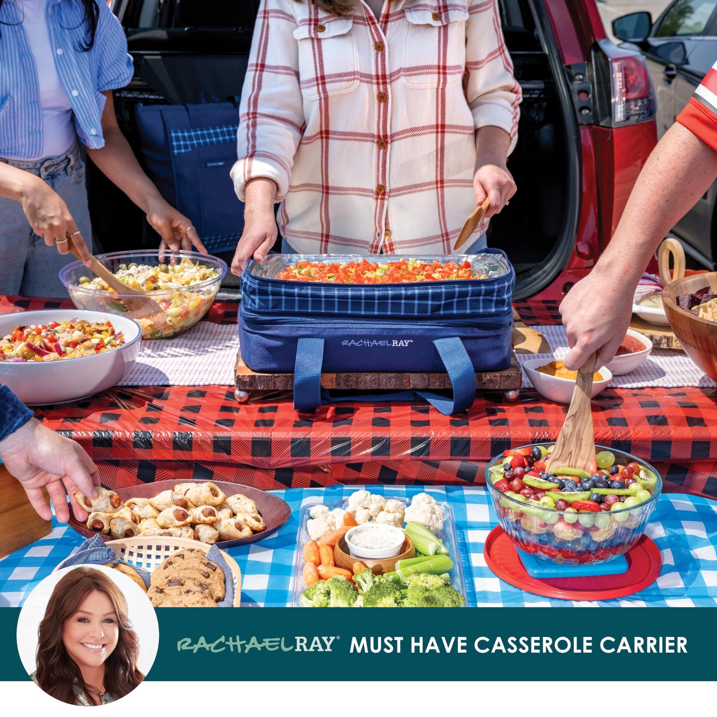 Rachael Ray Expandable Insulated Casserole Carrier for Hot or Cold Food, Thermal Lasagna Lugger Tote for Potluck, Parties, Picnic, and Cookouts, Fits 9" x 13" Baking Dish, Blue Gingham