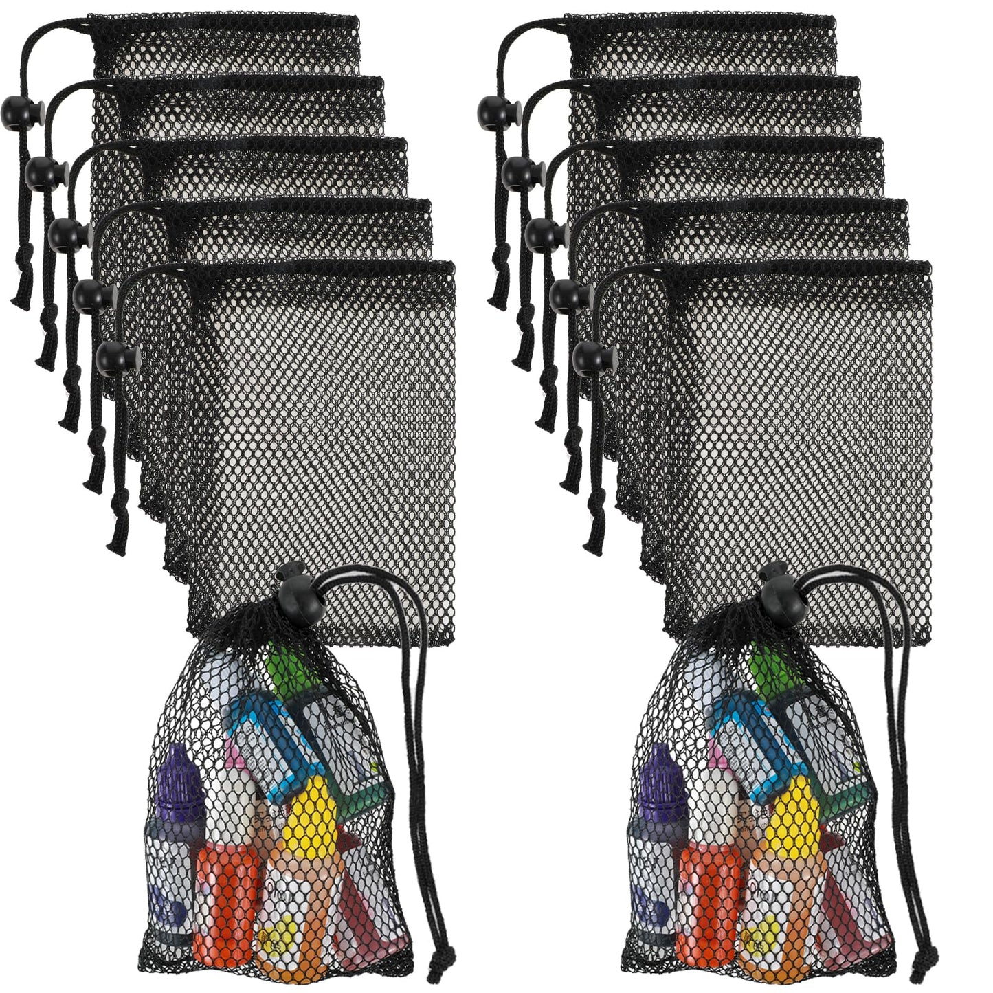 12 Pcs Small Mesh Bags Black Nylon Drawstring Bags with Cord Lock Closure Delicates Portable Travel Stuff Storage Bag for Gym Pool Toys Travel Cosmetics Washing Machine Bag