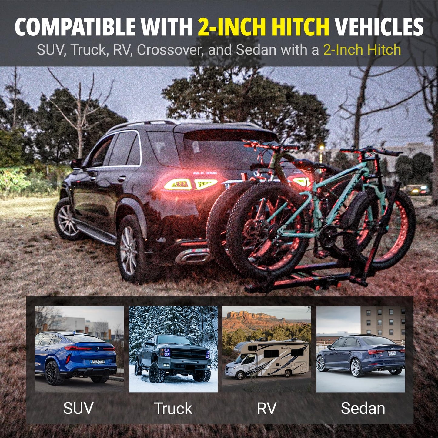 STUDTREX TRAILV2 Hitch Mount 2-Bike Rack with Bike Ramp - Tilt, Fold, Anti-Theft Hitch & Wheel Lock, 170lbs Capacity, 2-Inch Receiver, Up to 5.0" Fat Tire, Electric Bike Rack for Car, SUV, RV, Truck