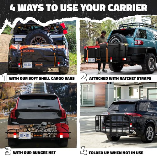 Mockins 60"x20"x6" Folding Trailer Hitch Cargo Carrier w/ 20 Cu.Ft. Waterproof Cargo Bag for Hitch Carrier | 500 Lbs. Capacity Weatherproof Luggage Rack for SUV Car & Truck w/Car Trailer Accessories