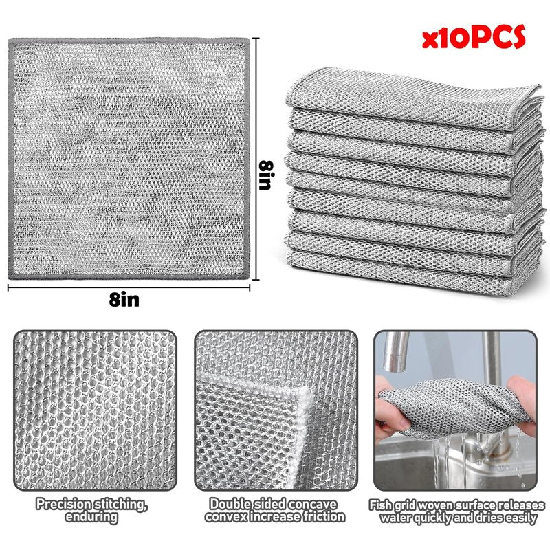 XANGNIER 10 Pcs Non Scratch Wire Dishcloth,2025 New Upgrade Steel Wool Cleaning Cloths for Wet and Dry,Multipurpose Wire Dishwashing Rag,Metal Mesh Miracle Cleaning Cloths for Kitchen,Dishes,Sink