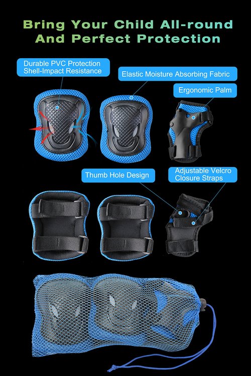 XJD Kids Bike Helmet,Multi-Sport Protective Gear Set for 3-5-8-14 Years Boys Girls with Knee and Elbow Pads Wrist Guards fit Roller Skates,Cycling,Skateboarding,Skating Scooter (Blue, Small)