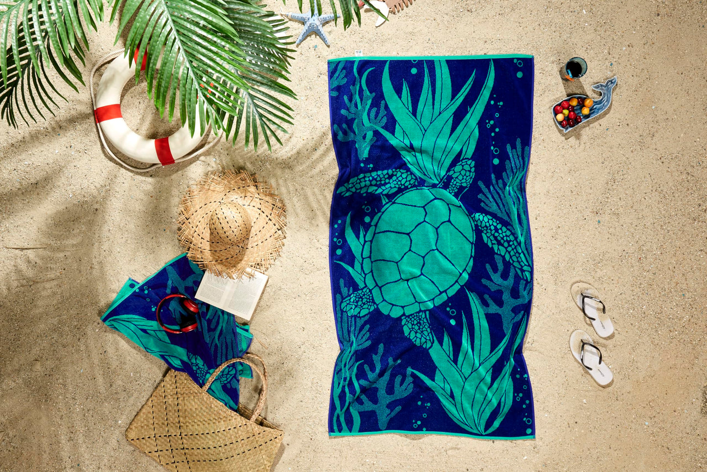 Ozdilek 34x64 Beach Towel - 100% Turkish Cotton, Luxury Soft Velour, Quick Dry, Absorbent, Fade-Resistant, Oversized Pool & Spa Towel, Sea Turtle Design, Eco-Friendly (Sea Turtle Haven)