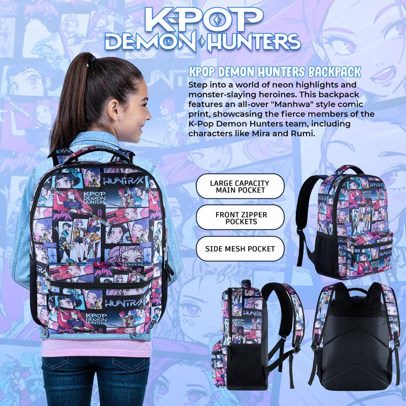 AI ACCESSORY INNOVATIONS K-Pop Demon Hunters Huntrix 16” Backpack for Girls, Featuring an AOP of Rumi, Zoey, Mira, Allover Print