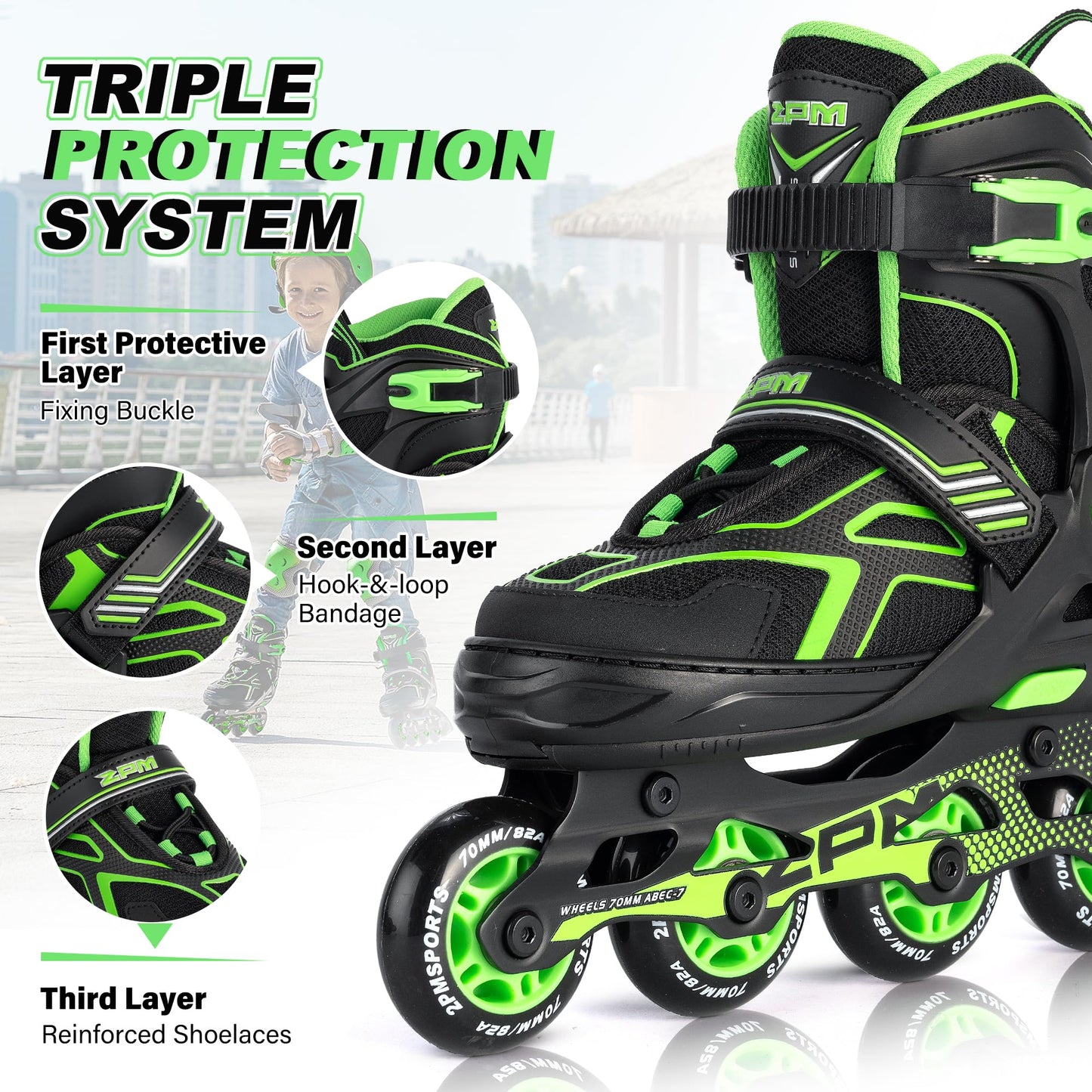 2PM SPORTS Torinx Boys Adjustable Inline Skates, Fun Beginner Roller Skates for Kids, Youth, Girls, Men and Women - Green Medium