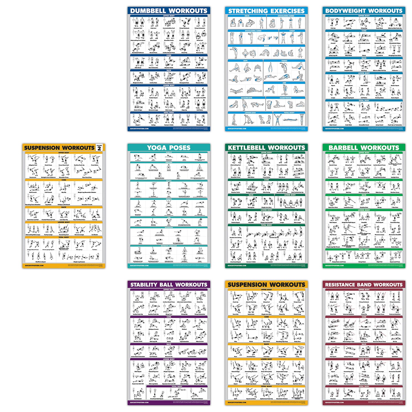 10 Pack - Exercise Workout Poster Set - Suspension Volume 1 & 2, Dumbbell, Kettlebell, Resistance Bands, Stretching, Bodyweight, Barbell, Yoga Poses, Exercise Ball (PAPER - NOT LAMINATED 18" x 27")