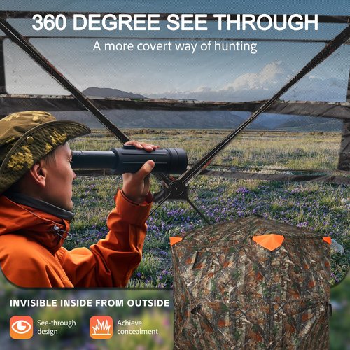 FUNHORUN Hunting Blind 360 Degree See Through Double Door Ground Blind for Hunting, 2/3 Person Pop Up Portable 58" Camouflage Deer/Turkey Tent with Blaze Orange Safety Panels