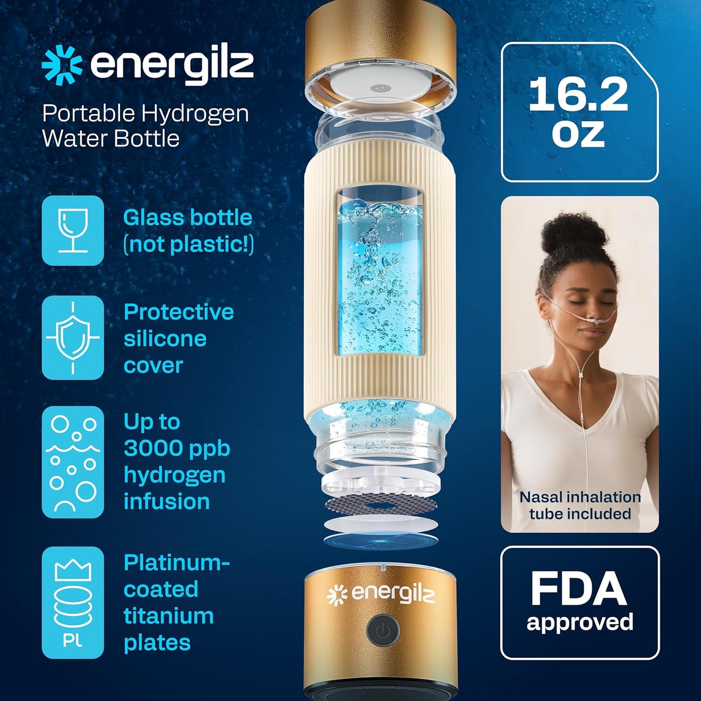 Hydrogen Water Bottle | Large 16.2 oz (480 ml) Hydrogen Water Bottle Generator 3000ppb | Hydrogenator Machine | SPE/PEM Hydrogenated Ionizer Generator (Steel w/Black)