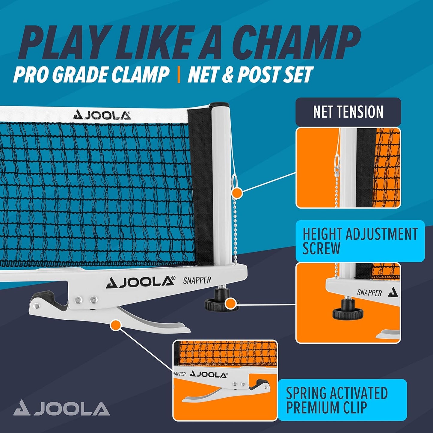 JOOLA Snapper Professional Table Tennis Net and Post Set - Portable and Easy Setup 72" Regulation Size Ping Pong Spring Activated Clamp Net, Silver