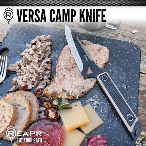 Reapr Versa Camp Fixed Blade Knife – 6.5″ Black-Cerakote 420 Stainless Steel Blade with Serrated Spine & TPR Handle, Full Tang Outdoor Knife with Belt Sheath