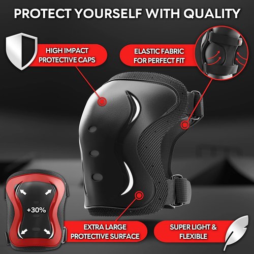 SKATEWIZ Knee and Elbow Pads Adult - Impact Size M Black - Skating Protective Gear Adult - Knee Pads for Women Roller Skating Skateboard Scooter - Skate Protective Gear for Men & Women