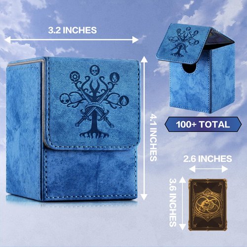 PROMAXIBINDER MTG Commander Deck Box with 2 Dividers, Fits 100+ Single Sleeved Cards, Strong Magnet Magic Gathering Deck Box, PU Leather Trading Card Storage Box for TCG CCG MTG Cards (Navy Blue-Tree)