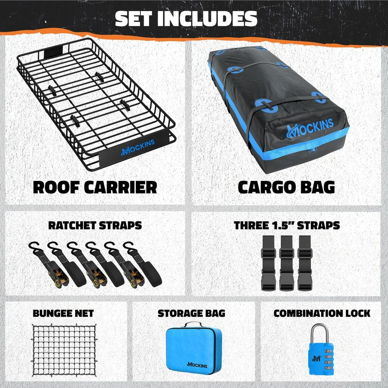 Mockins 84"x39"x6" XL Extendable Roof Rack Cargo Carrier & 35 CuFt Waterproof Cargo Bag for Top of Car | 3 Length Sizes: 40", 63", 84" Luggage Rack for SUV Car & Truck with Roof Basket Accessories