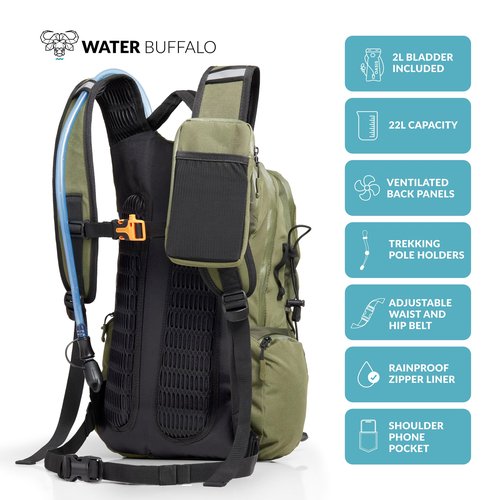 Sherpa Hiking Hydration Backpack – 22L Hiking Backpack with Water Bladder, Phone Compartment, Waterproof Zippers & Trekking Pole Holders