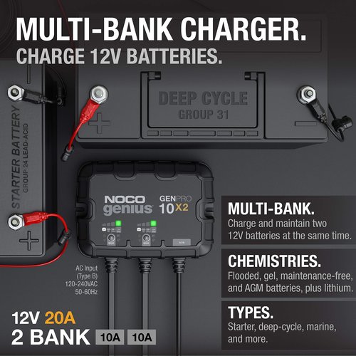 NOCO Genius GENPRO10X2: 2-Bank, 20A Onboard Battery Charger - 10A Per Bank, 12V Waterproof Marine Charger with Overcharge Protection & Temperature Compensation – for Lead-Acid & Lithium Batteries