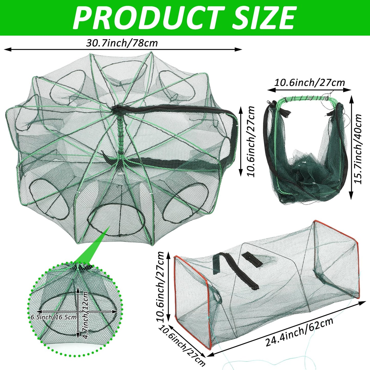 2PCS Fishing Bait Trap Crab Net 10 Holes and 2 PCS Square Crab Crawfish Trap Fishing Trap for Minnow Crawfish Shrimp Crawdad with Rope Large Fishing Net for Bait Fish